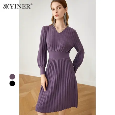 YINER音儿女装2021秋季新款V领收腰钉珠连衣裙图片