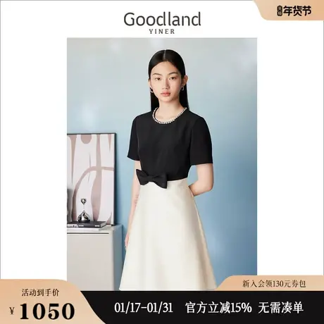 Goodland美地女装夏季蝴蝶结休闲圆领钉珠A字裙连衣裙图片
