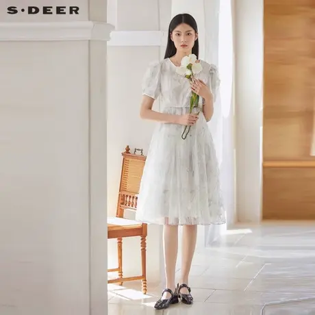 sdeer圣迪奥女装圆领绣花网纱泡泡袖连衣裙S223Z12A4图片