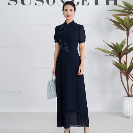 夏季连衣裙女2025新款优雅复古端庄大气新中式立领贴花短袖a字裙图片