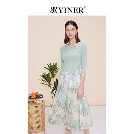 YINER音儿春季法式优雅三醋酸印花拼接七分袖针织连衣裙图片