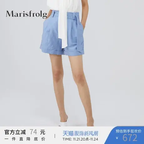 【亚麻系列】玛丝菲尔亚麻夏季新款蓝色阔腿短裤薄款休闲裤女图片