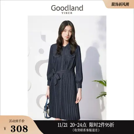 *Goodland美地女装秋收腰蝴蝶结百褶长袖polo连衣裙图片