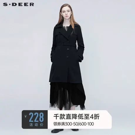 sdeer圣迪奥秋装女装休闲收腰通勤黑色双排扣中长款风衣S20381702图片