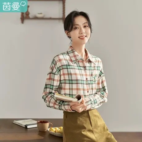 【商场同款】茵曼秋女装新款田园复古撞色格子宽松长袖衬衫图片