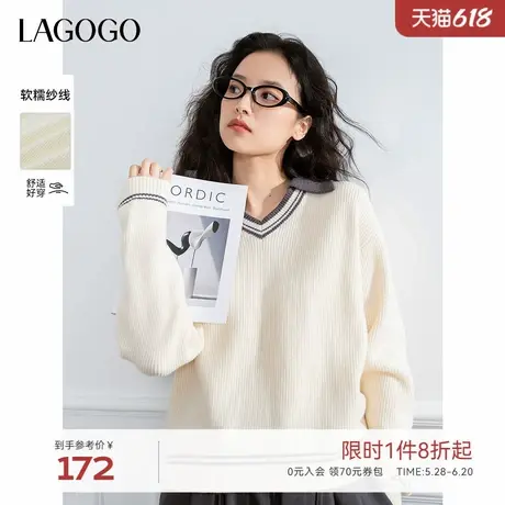 LAGOGO休闲宽松V领针织衫女拉谷谷2024年冬新款条纹撞色软糯毛衣图片