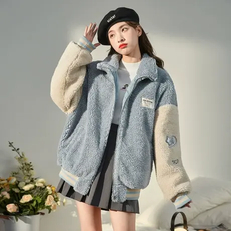 唐狮秋冬仿羊羔毛外套女装立领棒球服短款加厚小个子百搭上衣潮图片