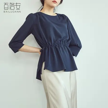 百洛安七分袖衬衫女春季新款韩版宽松纯色简约百搭抽褶上衣衬衣女图片