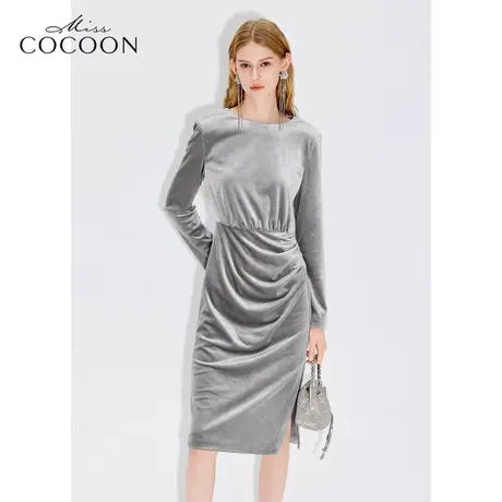 MISSCOCOON【春日睡莲】24春新款浪漫轻奢烫钻抽褶开衩丝绒连衣裙图片