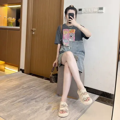 牛仔拼接印花t恤连衣裙女2025夏新款大码女装拼接减龄显瘦时尚图片