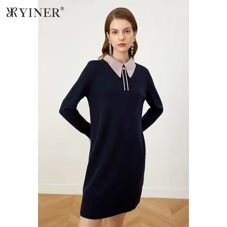 YINER音儿商场同款女装2021冬季新款撞色翻领羊毛针织连衣裙图片