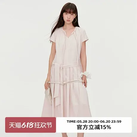 omont蛋挞家复古小飞袖长款连衣裙2025夏气质收腰显瘦百褶中长裙图片