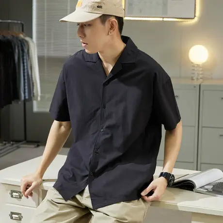 唐狮2022夏季新款衬衫男古巴领休闲短袖衬衫男宽松男士上衣潮复古图片