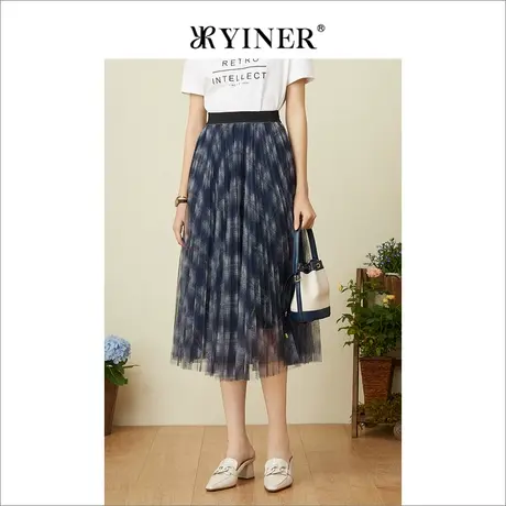 YINER音儿女装2022夏季新款藏蓝雪纺伞裙半身裙图片