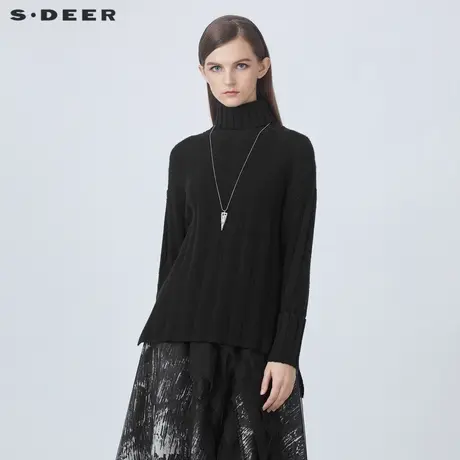 【直播间专属】sdeer圣迪奥罗纹高领肌理卷边黑色针织衫S21483543图片