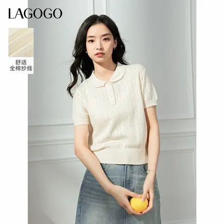 LAGOGO娃娃领镂空短袖针织衫女拉谷谷2025年夏季新款漂亮纯棉上衣图片