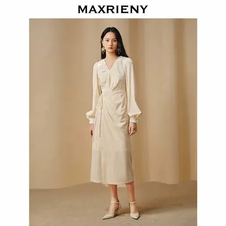 【奥莱】MAXRIENY法式复古连衣裙钻石绒围裹绑带松弛感裙子图片