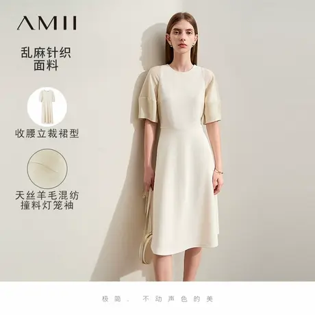 Amii2025夏新款圆领撞料拼接灯笼袖连衣裙女收腰显瘦法式小黑裙子图片