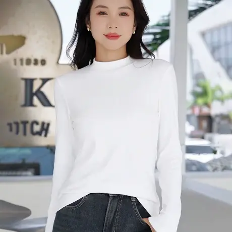 白色小高领罗纹双面绒长袖打底衫t恤女秋冬新款内搭保暖立领上衣商品大图