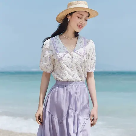 茵曼印绣花撞色花边翻领短袖衬衫2023夏女装新款V领减龄碎花上衣图片