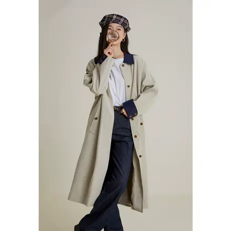 弥古拼色风衣女款2023新款秋季小个子宽松气质大衣外套长款高级感图片