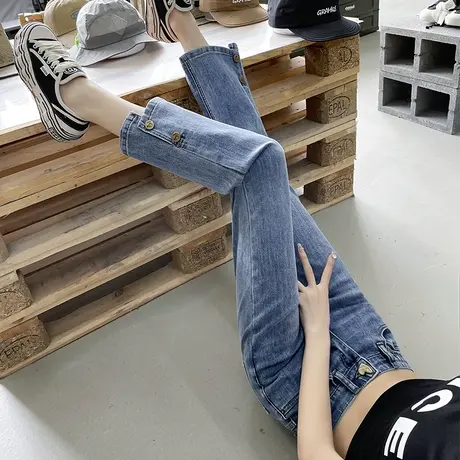 八分牛仔裤女直筒春秋2023年新款潮修身显瘦不规则开叉高腰烟管裤图片