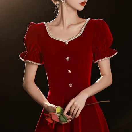 订婚连衣裙红色礼服敬酒服女夏季薄款平时可穿小个子新娘结婚法式图片