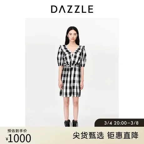 DAZZLE地素奥莱格纹短袖连衣裙春夏装法式格纹短裙女图片