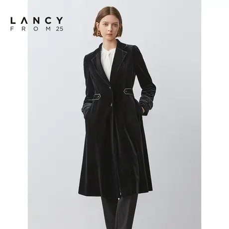 朗姿2022秋季新款修身黑色丝绒风衣外套女通勤商场同款大衣高级感图片