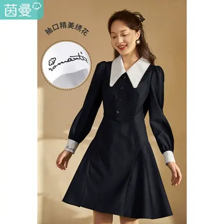 茵曼连衣裙女春季2023年新款法式钉珠娃娃领气质收腰修身小黑裙子图片