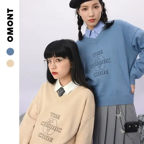 omont蛋挞家复古v领套头毛衣女2021年新款秋冬外穿宽松慵懒风上衣图片