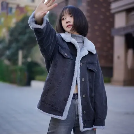 加厚加绒毛绒牛仔外套女冬季2023新款爆款高级感超好看小个子黑色图片