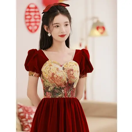 敬酒服新娘订婚礼服女夏季法式小个子婚礼红色连衣裙泡泡袖中长款图片