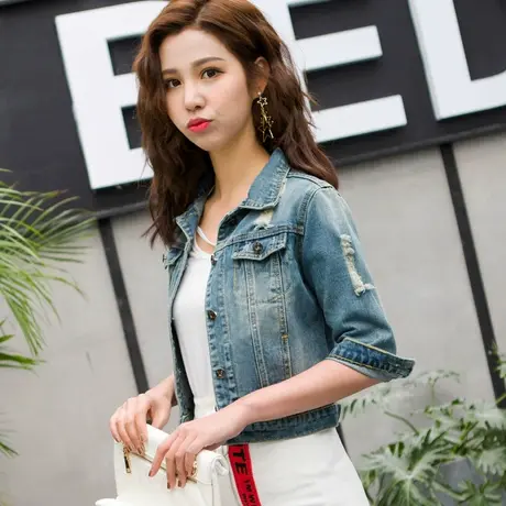 牛仔外套女短款修身韩版新款显瘦学生七分袖春秋大码服上衣怀旧9图片