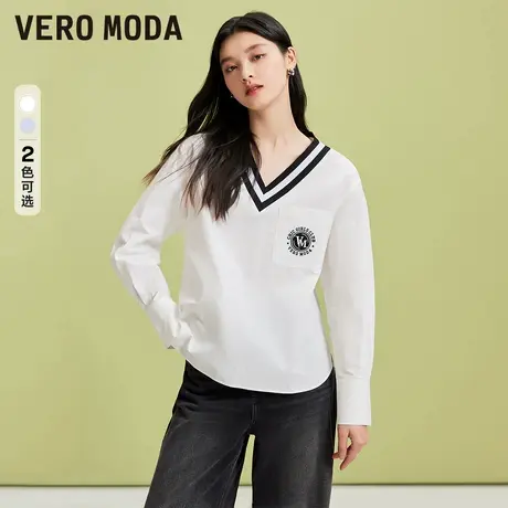 Vero Moda奥莱上衣女春秋新款学院风V领条纹针织领拼接百搭流行图片