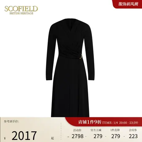 Scofield女装V领修饰A字裙摆优雅法式腰部褶皱设计气质连衣裙商品大图
