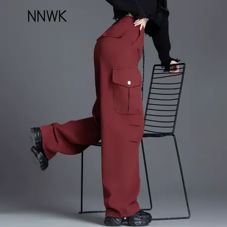 酒红色美式工装裤女裤2025新款春秋阔腿休闲裤宽松bf慵懒风长裤图片