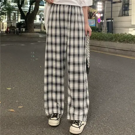 裤子女春秋薄款2023新款直筒宽松休闲格子长裤拖地垂感高腰阔腿裤图片