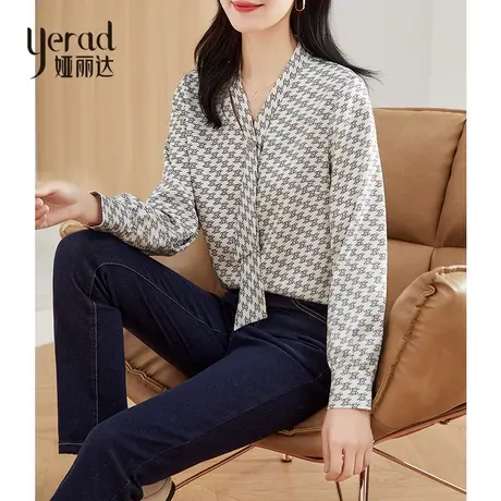 娅丽达女士衬衫2023春季新款高级感印花飘带小衫长袖通勤职业衬衣图片