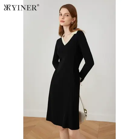 YINER音儿女装2021秋季新款V领收腰中长款连衣裙图片