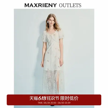 【奥莱】MAXRIENY度假风连衣裙宫廷风泡泡袖蕾丝开叉长裙图片