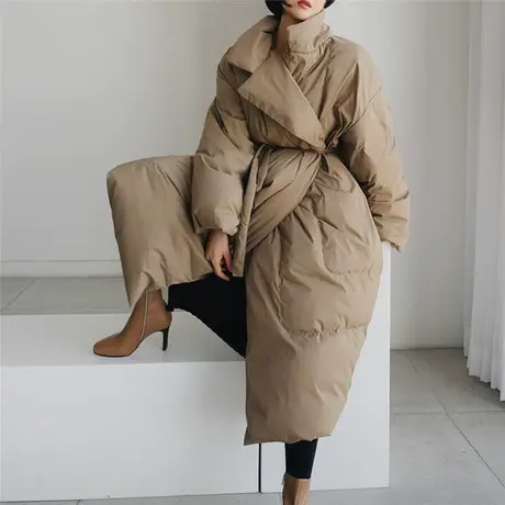 冬季新款面包服宽松大码系带收腰中长款韩版棉服学生时尚加厚棉袄图片