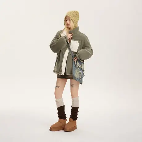 潮牌两面穿立领纯色棉服女冬季羊羔毛外套2023年新款复古宽松棉衣图片