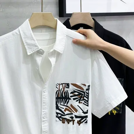 沙滩夏季男士美式潮流印花短袖衬衫日系休闲宽松五分中袖衬衣外套图片