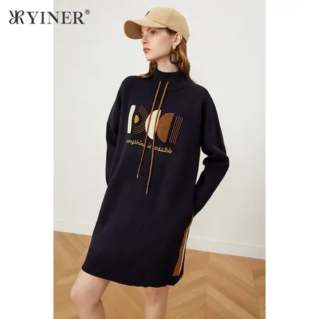 YINER音儿商场同款女装2021冬季新款时尚图案H型针织连衣裙图片