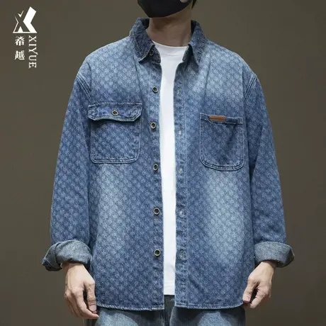 希越小香风提花牛仔衬衫男潮流复古洗水衬衣秋冬宽松大码衬衣外套图片