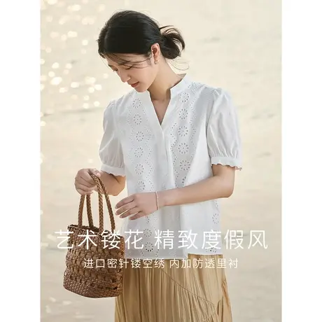 茵曼清新文艺衬衫2023夏女装新款小立领镂空刺绣泡泡袖短袖上衣图片