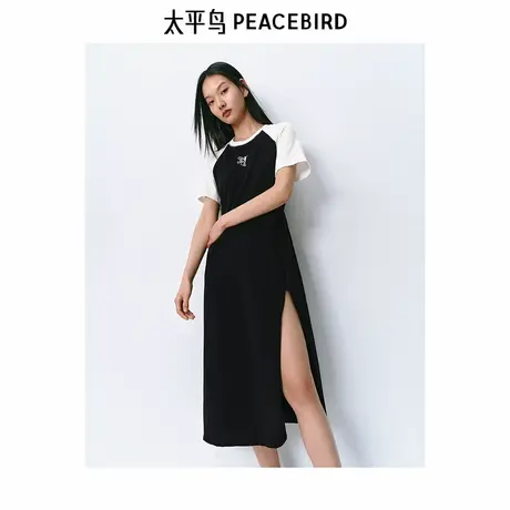【断码清仓】太平鸟撞色T恤裙春新款圆领短袖高开叉连衣裙长裙图片
