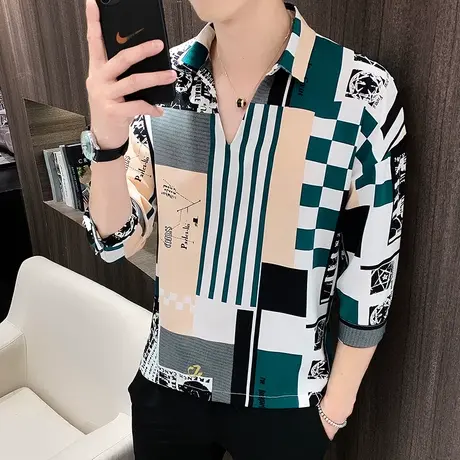 夏季新款冰丝七分袖衬衫男潮薄款痞帅休闲短袖涂鸦花衬衣韩版外套图片