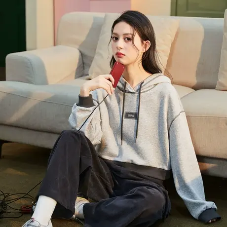 唐狮2024春季新款卫衣女连帽短款宽松卫衣美式休闲运动百搭上衣商品大图